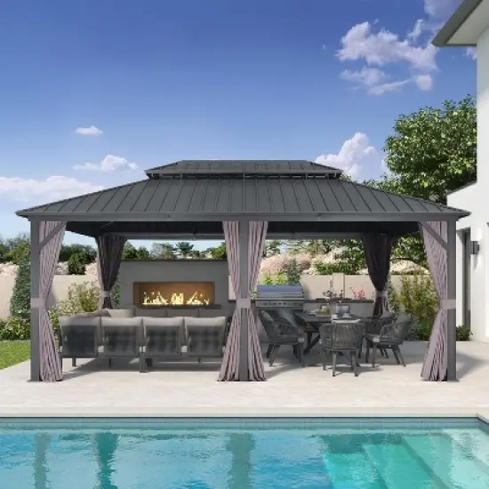 PURPLE LEAF Permanent Hardtop Gazebo Aluminum Frame Gazebo with Galvanized Steel Double Roof, UV-Resistant, Netting & Curtains included - Grey image {18}