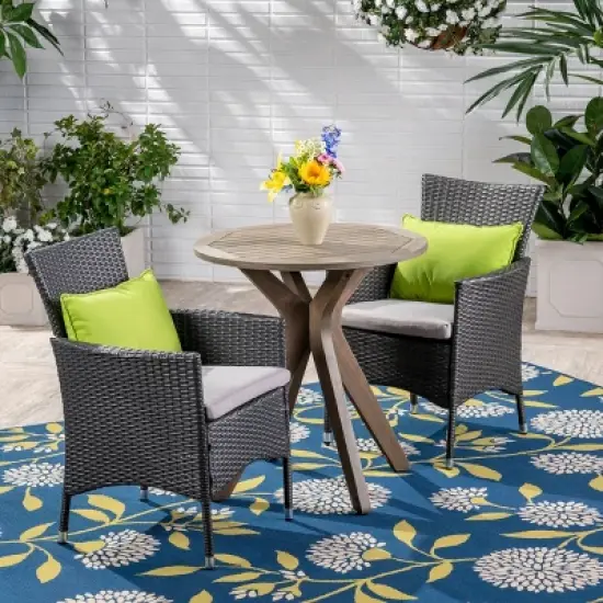 GDFStudio Berkeley Outdoor Acacia Wood and Wicker 3 Piece Bistro Set image {11}