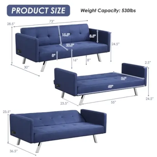 Costway Convertible Futon Sofa Bed Folding Recliner w/USB Ports&Power Strip Grey\Blue image {1}