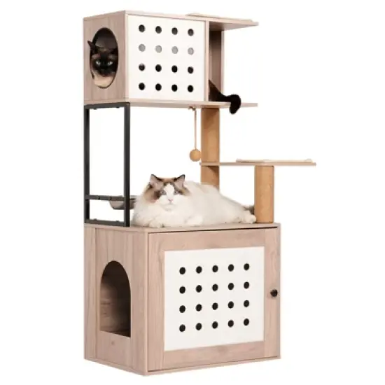 Multipet Cat Tree with Litter Box Enclosure, Large Hammock, Bed, Food Station, Scratching Posts image {1}