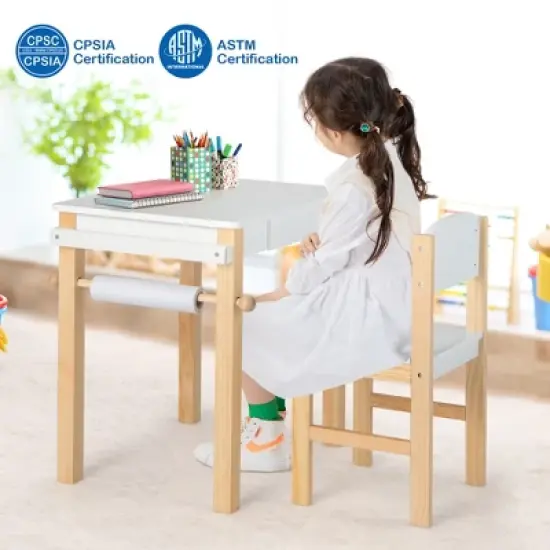 Costway Kids Table and Chair Set Wooden Activity Drawing Study Desk with Paper Roll  Drawer image {3}