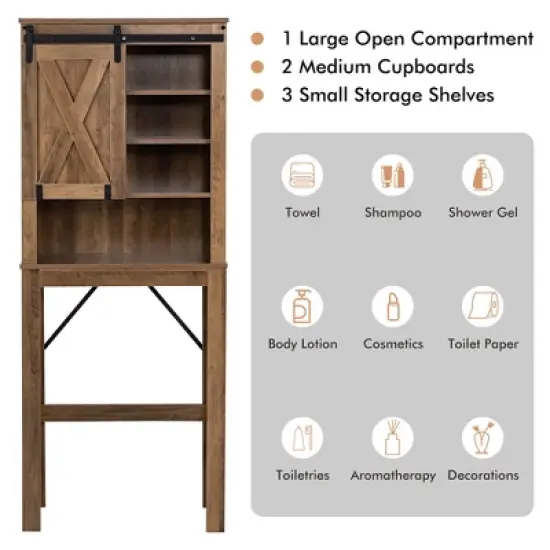Costway Toilet Storage Rack with Sliding Barn Door & Adjustable Shelves, Rustic Brown image {5}