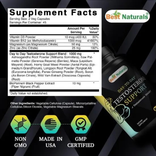 Best Naturals Day-to-Day Testosterone Support with Ashwagandha, Saw Palmetto, Horny Goat Weed, Maca, Long Jack, Wild Yam-  90 Veg Capsules image {1}