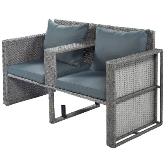 2pc Outdoor Wicker Conversation Sectional Set with Cushions & Half-Moon Side Table for Umbrella - Gray - GODEER image {11}