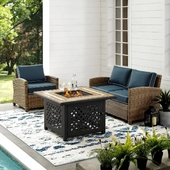 3pc Bradenton Outdoor Steel Fire Pit Set Navy/Weathered Brown - Crosley image {3}