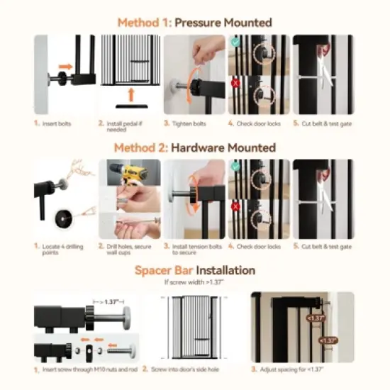 GOTGELIF Pet Gate 55.1" Extra Tall 29.5-40.6" Wide Auto Close Pressure Mount Gate - Adjustable Cat Door image {8}