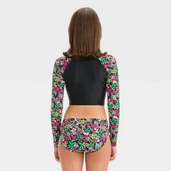 Girls' Floral Printed Rash Guard Set - art class&trade; Black image {3}