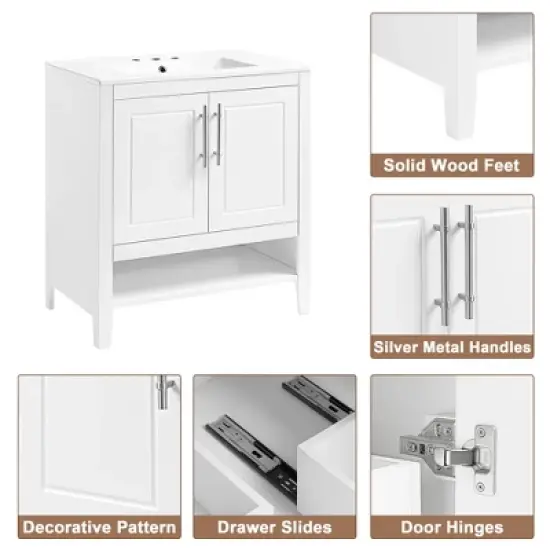 30" Bathroom Vanity with Sink, Freestanding Vanity Ceramic Sink Set with Doors, Bathroom Storage Cabinet For Home Bathroom Office Garage White image {3}