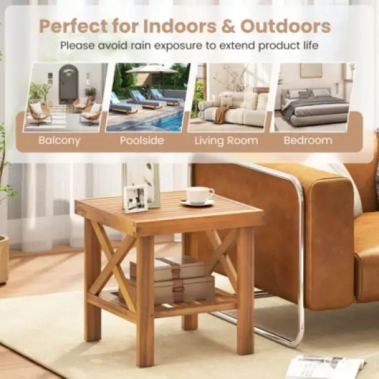 Tangkula Outdoor Side Table Acacia Wood Adirondack Table w/ Storage Shelf Natural image {5}