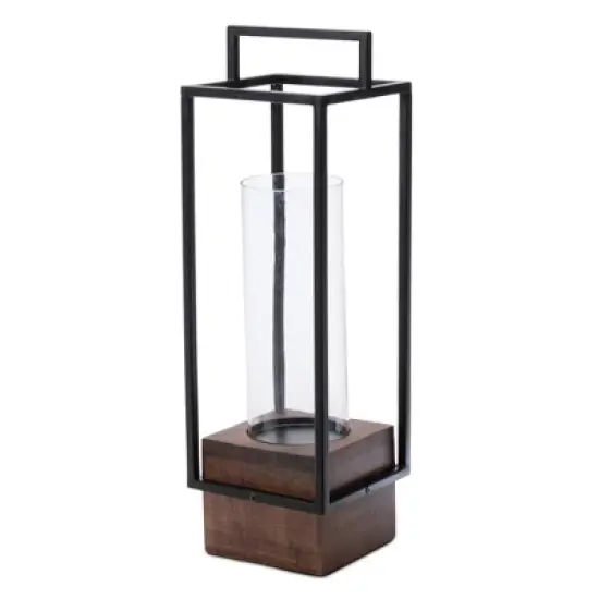 HomeRoots 20" Black And Brown Metal And Solid Wood Tabletop Lantern Candle Holder image {4}