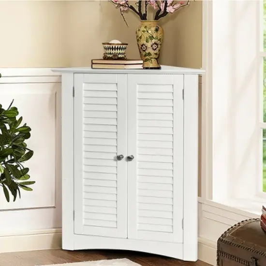 Costway Corner Storage Cabinet Freestanding Floor Cabinet Bathroom w/ Shutter Door White image {3}