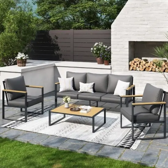 4-Piece Outdoor Furniture Set, Patio Conversation Sofa Set, Sofas with Cushions, Faux Wood Coffee Table-Coolbibila image {7}