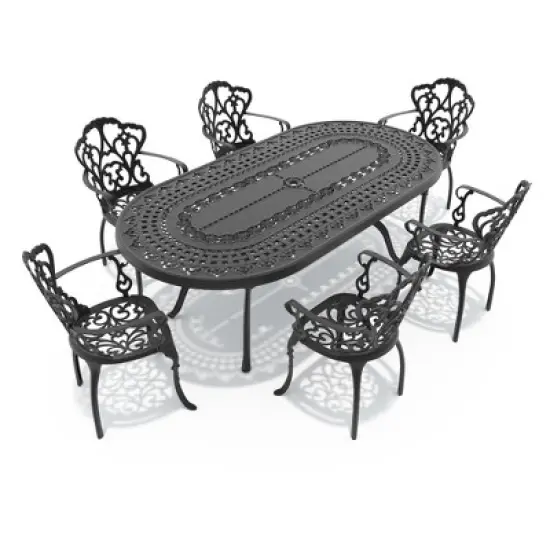 (7-PC)Premium Black Cast Aluminum Patio Set - Weather-Resistant Outdoor Table & Chairs with Beige Cushions, Umbrella Hole Included image {2}