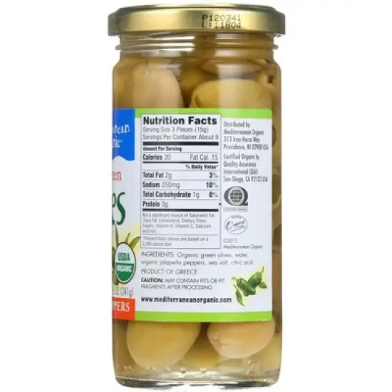 Mediterranean Organic Jalapeno Stuffed Green Olives - Case of 12/8.5 oz image {4}