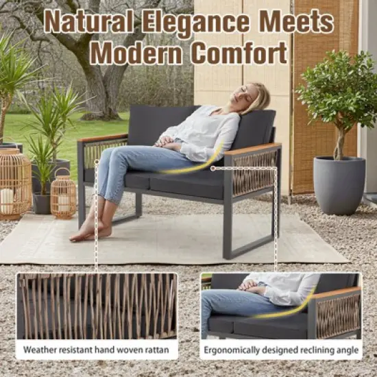 EROMMY 4pcs Modern Metal Patio Furniture Set, All-Weather Outdoor Conversation Set with Removable Washable Cushions & PE Woven Rattan image {4}