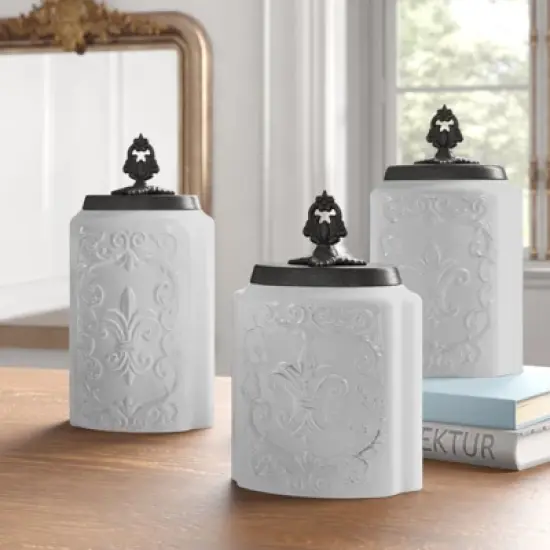 American Atelier 2-Piece Ceramic Canister Jar W/ Fleur De Lis Embossed Design & Airtight Stainless-steel Lid For Sugar, Flour, Coffee, & More, White image {8}
