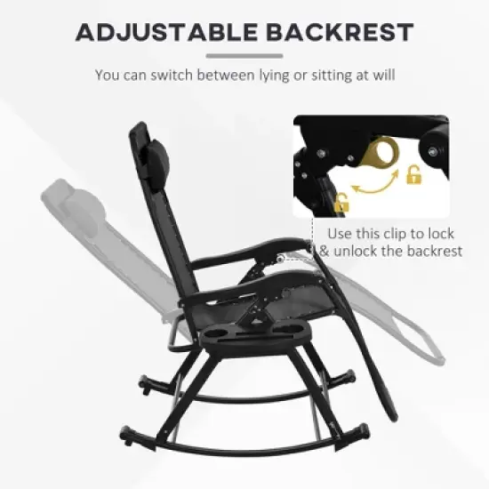 TIRAMISUBEST 2-Pack Zero Gravity Rocking Chairs, Foldable Outdoor Lounge Recliners with Pillow, Cup Holder & Phone Pocket, Black image {6}