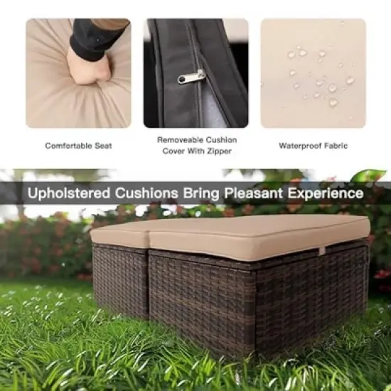 FIONECA All-Weather Outdoor Ottoman with Storage &uml;C PE Wicker Patio Footstool, Beige image {3}