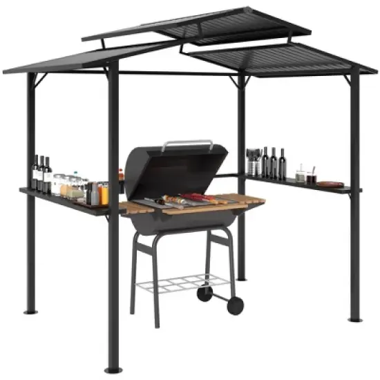 Outsunny 8' x 5' Hardtop Grill Gazebo, Outdoor BBQ Gazebo with Double Metal Roof, 2 Side Shelves and 4 Cup Holders for Patio Backyard Lawn Deck image {6}