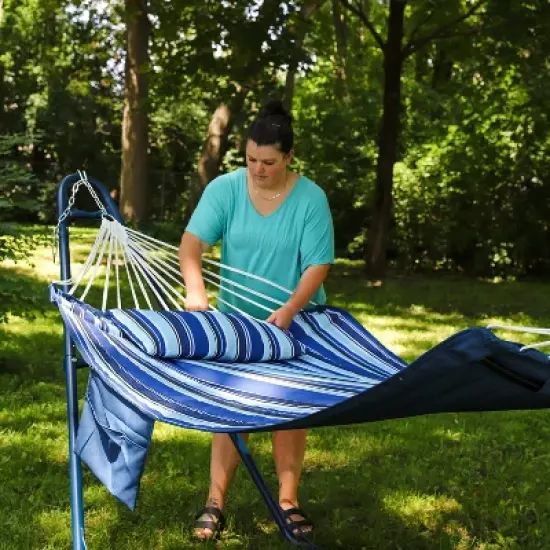 Sunnydaze Outdoor Quilted Double Hammock with Pillow and Curved Metal Spreader Bars image {7}