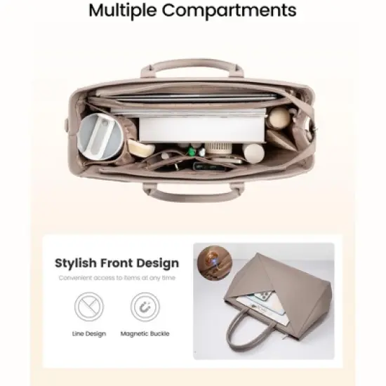 Laptop Tote Bag for Women with Large Cup Holder, 15 Inch PU Leather Work Bag Teacher Tote Bag image {3}