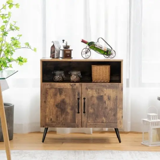 Costway Mid-century Storage Cabinet Sideboard w/ Doors Wine Glass Racks Rustic Brown image {1}