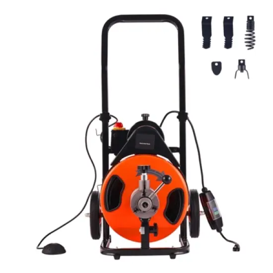 VEVOR Drain Cleaning Machine 75FT x 3/8 Inch, Sewer Snake Machine Auto Feed, Drain Auger Cleaner with 4 Cutter & Air-Activated Foot Switch, Orange image {8}