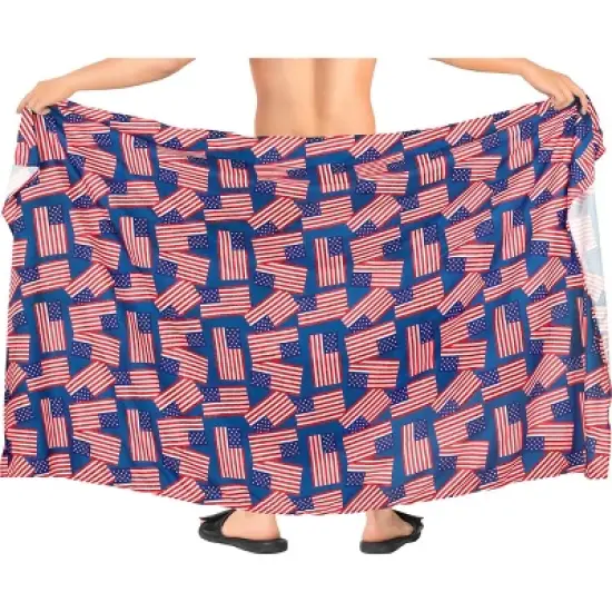 LA LEELA Men's Patriotic 4th of July American Flag Summer Sarong Swim Trunk Long Pareo Beach Wrap One Size Ruby Allover US Flag image {2}