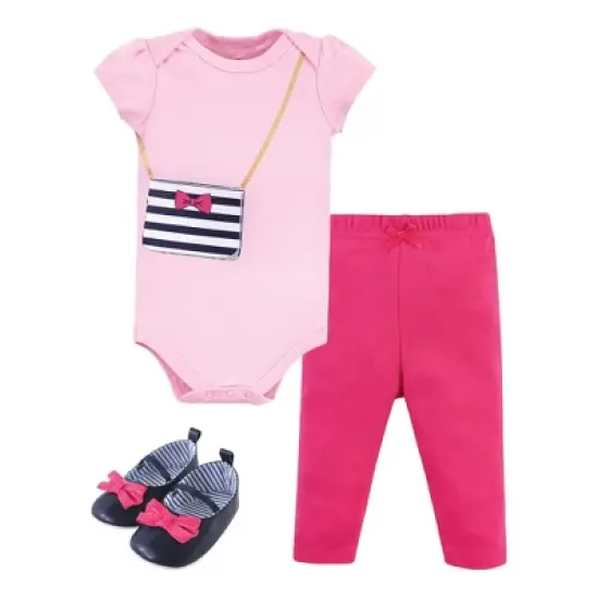 Little Treasure Baby Girl Cotton Bodysuit, Pant and Shoe 3pc Set, Navy Pink Purse image {4}