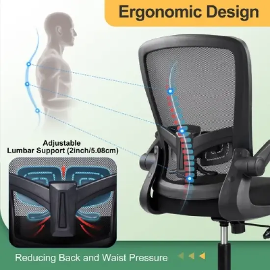 Mesh Office Chair for Home & Gaming with Flip-Up Arms, Adjustable Lumbar Support and Tall Back - Height-Adjustable, Black image {5}