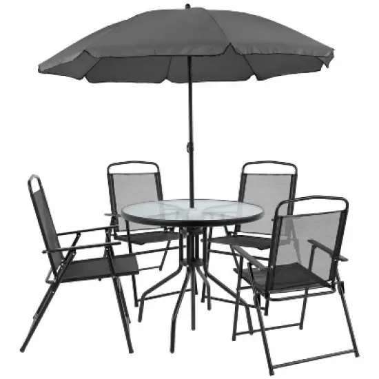 Flash Furniture Nantucket 6 Piece Patio Garden Set with Table, Umbrella and 4 Folding Chairs image {14}