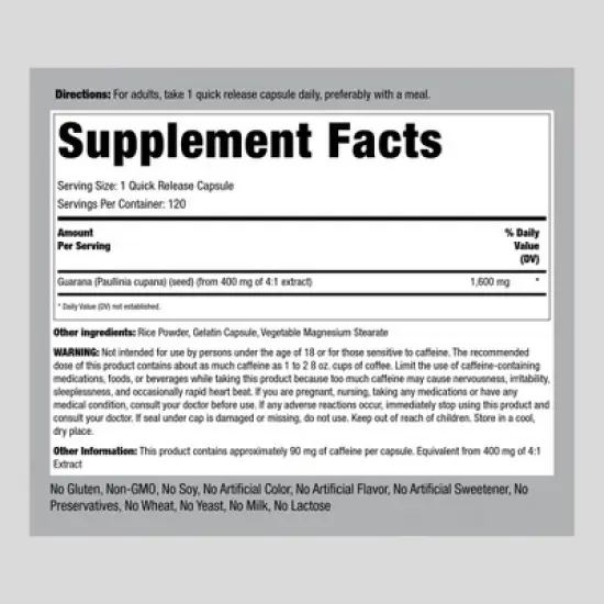 Piping Rock Guarana Capsules 1600 mg | 120 Count image {1}