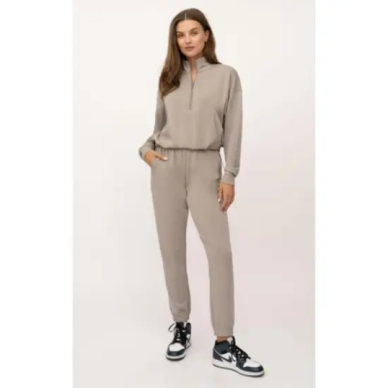 90 Degree By Reflex Womens Softlite Scuba Modal Nadia Half Zip Pullover Crop with Cinched Hem and Taylor Jogger Set image {8}