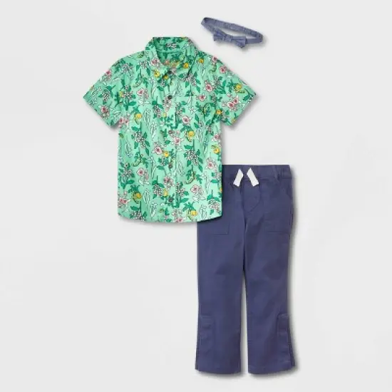 Toddler Boys' Adaptive 2pc Floral Printed Woven Short Sleeve Shirt and Pants Set with Bowtie - Cat & Jack&trade; Green  image {6}