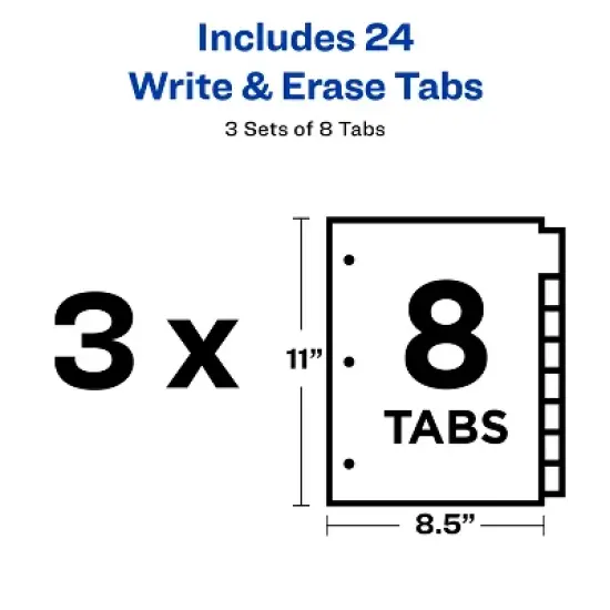 Avery Big Tab Write & Erase Durable Plastic Dividers for 3 Ring Binders, 8-Tab Sets, White, 3 Binder Divider Sets (01743) image {3}