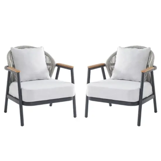 Set of 2 Outdoor Rope Lounge Chairs,Cushioned Patio Club Chairs with Gray Frame and Plastic Wood Armrests-Maison Boucle image {2}