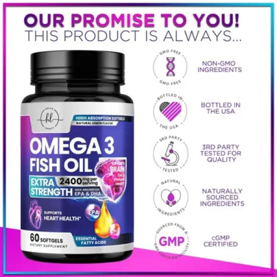 Omega 3 Fish Oil Triple Strength 2400 mg Softgels, Omega-3 Supplements, Natural Heart Health Brain & Joint Support - 60 Softgels By Hello Lovely! image {3}