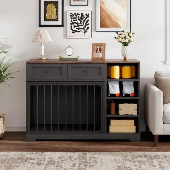 47" Dog Crate Furniture with Storage Drawers & Shelves, Indoor Dog Kennel TV Stand for Large Dogs, Wood & Metal Dog Cage image {1}