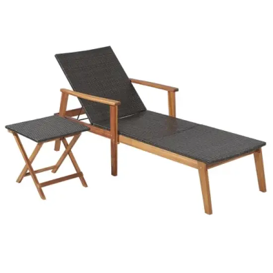 Costway 2PCS&nbsp;Patio&nbsp;Rattan&nbsp;Lounge&nbsp;Chair&nbsp;Chaise Recliner Wood Back Adjust W/Folding&nbsp;Table image {9}