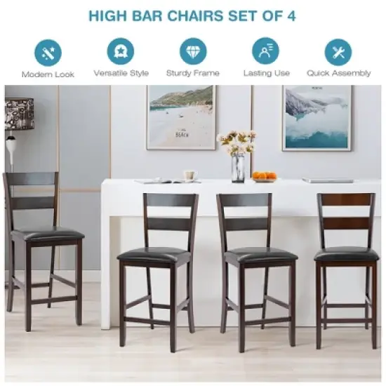 Costway 4-Pieces Bar Stools Counter Height Chairs w/ PU Leather Seat Espresso image {5}