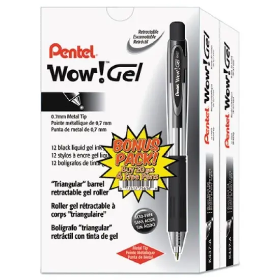 Pentel WOW! Gel Pen Bonus Pack, Retractable, Medium 0.7 mm, Black Ink, Clear/Black Barrel, 24/Pack image {1}