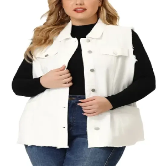 Agnes Orinda Women's Plus Size Denim Button Down Raw Hem Denim Vests image {8}
