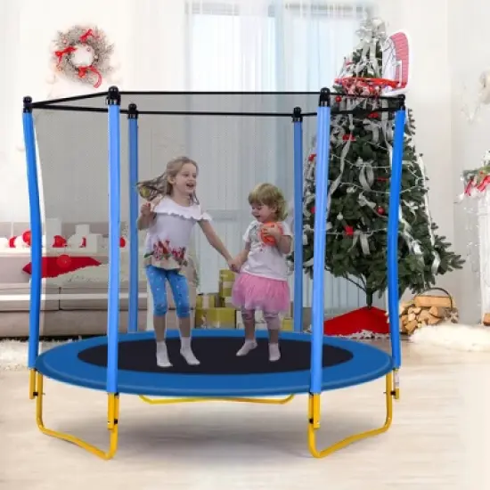 5.5 FT Kids Outdoor and Indoor Trampoline with Playpen, Basketball Hoop and Ball - ModernLuxe image {1}
