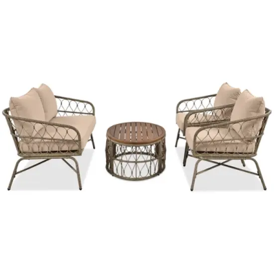 4pcs Outdoor Seating Group, Patio Conversation Set With Removable Cushions, Wood Tabletop, Beige -ModernLuxe image {1}
