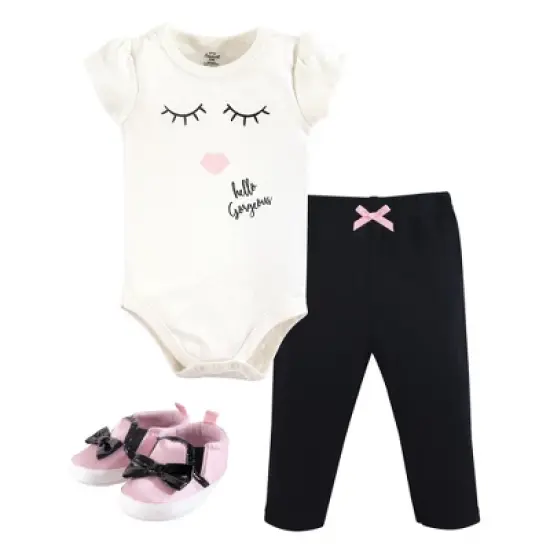 Little Treasure Baby Girl Cotton Bodysuit, Pant and Shoe 3pc Set, Hello Gorgeous image {2}