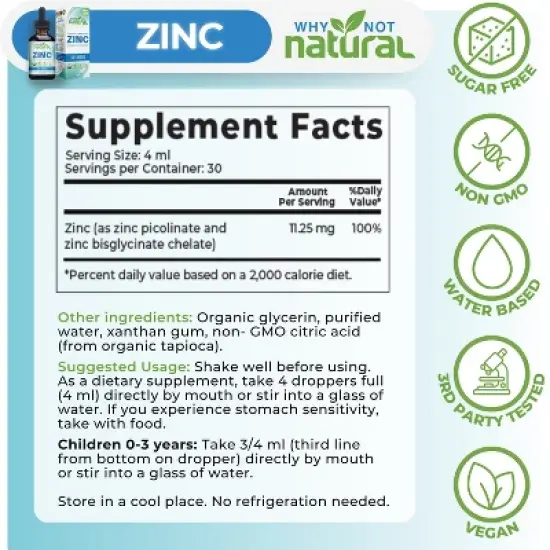 Why Not Natural Organic Liquid Zinc Drops Supplement with Chelated Picolinate and Bisglycinate, Vegan image {5}