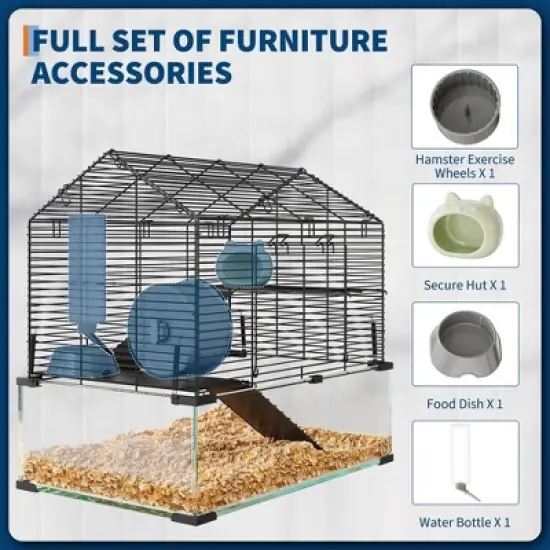 GustoWave Large Hamster Cage with Deep Tempered Glass Bottom, 3 Tiers Hamster Tank with Running Wheel, Hut, Dish, Rat Cage for Small Animal image {3}