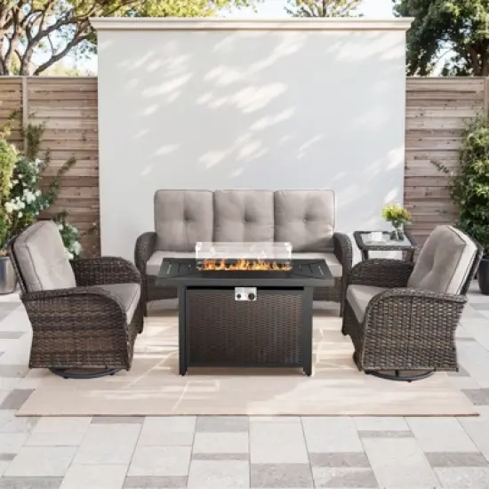 Buenhomino 5PCS Outdoor Patio Furniture Set with Fire Pit,Wicker Patio Conversation Sets with 43" Propane Fire Pit Table,Swivel Rocking Chairs image {13}