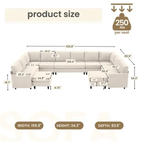 Hyleory Spacious 12-Seater U-Shaped Modular Sofa with Ottomans,Relaxed Style, Reconfigurable Design image {10}