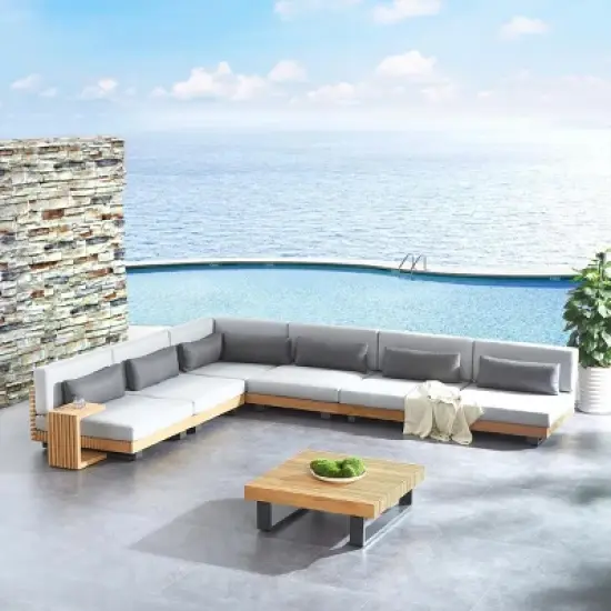 Modular Fabric Outdoor Lounge Suite Sectional Sofa Ensemble w/ TeakTone Wood Accents & Matte Metal Frame Side Table image {1}